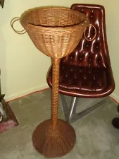 Vtg Woven Rattan Wicker Plant Stand Planter Mcm Boho Rustic Danish Modern Kitsch