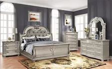 SALE Queen or King 5PC Antique Gray Master Bedroom Set w/ Marble Top Bed/D/M/N/C