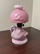 Pat’d 1877..Pink Milkglass Swan Figural Miniature Oil Kerosene Lamp Atterbury