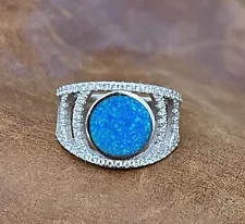 Beautiful Round Fire Blue Opal & Cubic Zirconia .925 Sterling Silver Ring Size 7