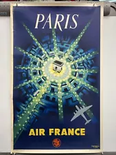 Vintage Airline Poster Original 25x39.5” Air France Paris La Générale Publicité