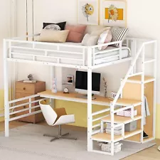 Oudiec Full Size Loft Bed with Desk & Wardrobe, Sturdy Metal Bedframe w/Stora...