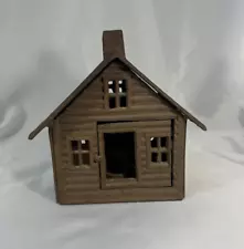 Vintage Cast Iron Log Cabin Votive Candle Holder Rustic Decor Door Opens