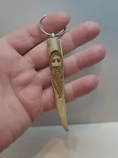 Hand Carved Deer Antler Wood Spirit/Mountain Man Keychain Folk Art Shed Carving