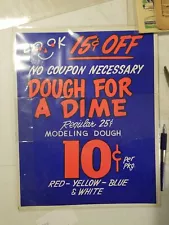 Vintage Cardboard Store Sale Display Sign. DOUGH FOR A DIME. MODELING DOUGH SALE