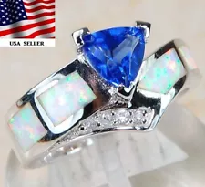 African Sapphire & Australian Opal Inlay 925 Solid Sterling Silver Ring Sz 7