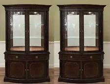 Pair of Walnut & Ebony Theodore Alexander Bow Front Display China Cabinets