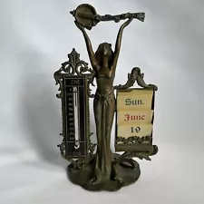 Antique Art Nouveau Figural Woman Perpetual Desk Calendar W Thermometer