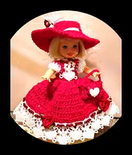 OOAK for KELLY DOLL ~ CROCHET RED & WHITE BEADED HOLIDAY GOWN & HAT SET +++