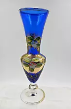 Vintage Nancy Sales Co. Nanco Cobalt Glass Pedestal Vase Raised Flowers Gold