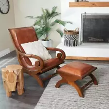 Leather & Teak Wood Arm Chair w/Ottoman Scrollwork Arms Bucket Seat, Assembled