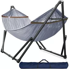 Double Hammock with Stand Included for 2 Persons Foldable Inhouse, Outdoor, Grey