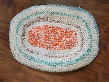 Mini Rag Rug Handmade Teal Orange Beige Vintage Estate Sale 21"x16" Oval