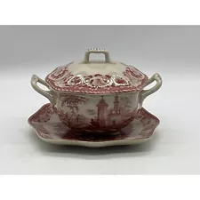 Red Transferware Tureen Set Single Serve Castle Scene 3pc