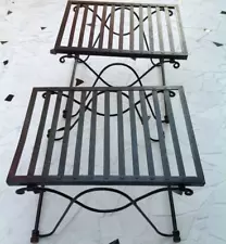 WROUGHT IRON SIDE TABLE SET 2 BLACK SLATTED FOLDABLE VTG 90s POTTERY BARN 24x18"