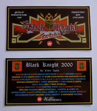 * * 'BLACK KNIGHT 2000' Williams 1989 Custom Instruction/Apron Cards * * (New)