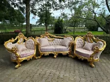 Exquisite Baroque/Rococo Settee with Bergere Chairs in Gold and Pink