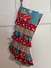 The Pioneer Woman Christmas Stocking Floral Polka Dot Burlap Ruffle Blue Red