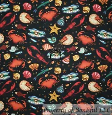 BonEful Fabric FQ Cotton Quilt Black Red Lobster Crab Sea*Food Clam*Shell Ocean