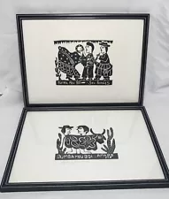 2 x Sev Borges Woodcut Prints Signed Framed & Glazed Brazilian Folk Art 35x26cm