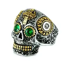 SUGAR SKULL RING Mexican Day of Dead Skeleton Head Green Eyes Stainless Steel