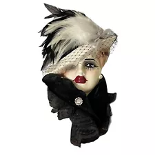 Very Unique Creation Lady Face Mask Black & White Feathers Red Lips Brooch Lace