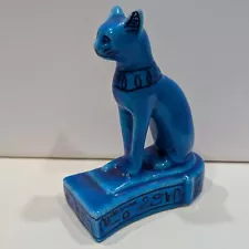 Blue Glazed Ceramic Statue of Bastet the Egyptian Cat Goddess Made In Egypt