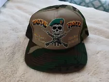 Vintage Foam 1990s Special Forces Baseball Hat US Military Green Beret Cap Skull