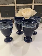 Pottery Ceramic Blue White Swirl Cups Water Goblet Cups 4.5" Drip Glaze Pedestal