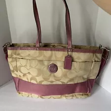 Coach Signature Print Diaper Bag Brown Pink Adj Strap Preowned