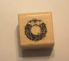 Holly Wreath With Ribbon Christmas Holiday 1.25" Rubber Stamp