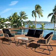 4 PCS Outdoor Patio Rattan Conversation Furniture Set w/ Table & Cushions