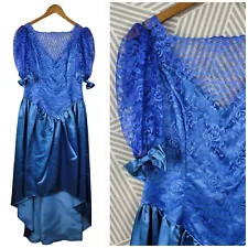 Vintage 80s Prom Dress Medium Large Evening event Blue Lace Taffeta Puff Bow