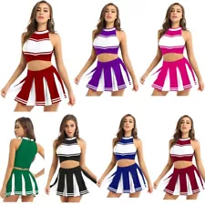 US Women's Schoolgirls Cheer Leading Costume Uniform Crop Tops and Pleated Skirt