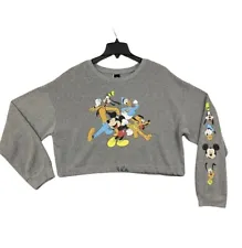 Disney Mickey Mouse Sweatshirt Womens Size XL Gray Pullover Crop Top Sweater