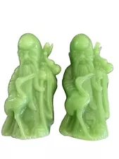 Lot of 2 Jade Color Statue Figurines Asian Wise Old Man with Crane Approx 2-3"