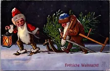 1920s GERMAN Christmas Postcard Green Pants Santa & Elf Crosscut Saw Sled Tree