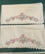 Vintage Handmade Embroidered Pair of Pillow Cases With Tatted Edging