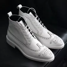 Handmade White Leather Lace Up Wing Tip Brogue Ankle High Dress Boots For Men