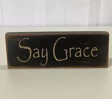 Say Grace Prayer Sign Stenciled Wood Block Distressed Black 7" L x 2.5" H