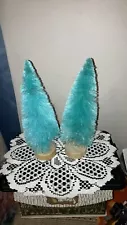 LOT OF 2 SISAL VILLAGE CHRISTMAS TREES TEAL BLUE WOOD BASES 10.5” TALL