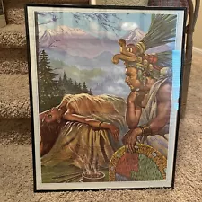 Vintage Aztec Maya Man Woman Art Print Wood Frame Mexico Aztecs Mayan Mexican