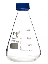 Eisco 1000ml Erlenmeyer Flask with PTFE Lined Screw Cap, Borosilicate 3.3 Glass