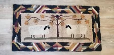 PRIMITIVE HAND HOOKED FOLK ART 1990s RUG SHEEP TREE BIRD and GEOMETRIC EXCELLENT