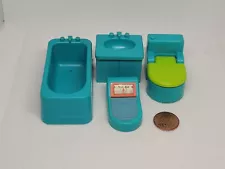 Vintage Fisher Price little people blue bathroom set: toilet, tub, sink, scale