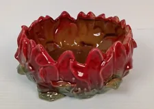 Vintage Shallow Succulent Ceramic Glazed Planter Red & Green Leaf Design 6.5"