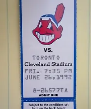 Chief Wahoo, Cleveland Indians Old Ticket, June 26, 1992 vs Toronto , Complete!