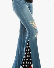 Women's American Flag Ripped Jeans Bell Bottom Size Small Waist 27.5 Brand New