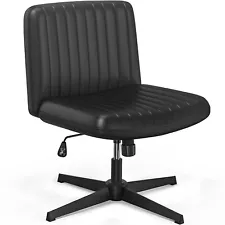 Armless Office Chair No Wheels Cross Legged Adjustable Swivel PU Leather Black