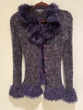 Y2K Fringe Fur Penny Lane Fuzzy Sweater Coat 70s Boho Hippie Deep Purple Small